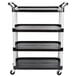 A black Rubbermaid maintenance cart with four shelves and open sides.