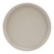 A taupe Cal-Mil melamine plate with a low rim.
