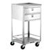 A stainless steel equipment stand with two drawers, a lower shelf, and four caster wheels.