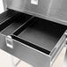 A stainless steel equipment stand with two drawers and casters.