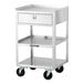 A stainless steel equipment stand with three shelves, a drawer, and casters.