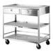 A stainless steel equipment stand with three shelves, two drawers, and casters.