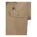 A khaki short sleeve work shirt with a buttoned chest pocket holding a pen.