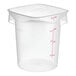 A translucent round polypropylene food storage container with red measurement markings and a square rim.