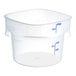 A translucent round polypropylene food storage container with blue measurement markings.