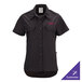 A women's black short sleeve work shirt with button front and chest pockets, customizable for branding.