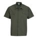 A short sleeve olive green work shirt with two chest pockets and button closure.