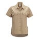 A women's khaki short sleeve work shirt with button front and two chest pockets.