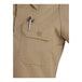 A khaki short sleeve work shirt with a buttoned chest pocket and a pen clipped to the pocket.