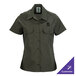 A women's olive short sleeve work shirt with button front and two chest pockets.
