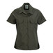 A women's olive short sleeve work shirt with button front and two chest pockets.
