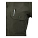 A women's olive short sleeve work shirt with a buttoned chest pocket and a pen clipped to the pocket.