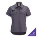 A women's gray short sleeve work shirt with button front and two chest pockets, designed for customization.