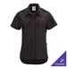 A women's black short sleeve work shirt with button front and two chest pockets, designed for customization.