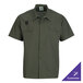 A short-sleeve olive green work shirt with two chest pockets and a customizable design.
