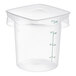 A translucent round polypropylene food storage container with measurement markings.