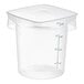 A translucent round polypropylene food storage container with measurement markings.