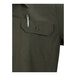 A close-up of an olive green short sleeve work shirt with a buttoned chest pocket and a pen clipped to the pocket.