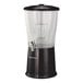 A 3-gallon round cold beverage dispenser with a metallic black onyx stainless steel base, clear Tritan plastic container, hands-free spigot, and an infuser tube.