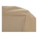 A close-up view of a khaki short sleeve work shirt with a ribbed fabric panel.