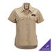 A women's khaki short sleeve work shirt with button front and two chest pockets, customizable for branding.