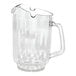A clear plastic pitcher with a handle and a notched spout.