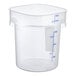 A large, translucent round plastic food storage container with blue measurement markings up to 18 quarts.
