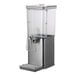 A square 1.5-gallon cold beverage dispenser with a brushed stainless steel base, clear plastic container, hands-free spigot, and infuser wall.
