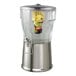 A round 5-gallon cold beverage dispenser with a brushed stainless steel base, clear Tritan plastic container, hands-free spigot, and an infuser tube filled with fruit.
