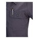 A gray short sleeve women's work shirt with a buttoned chest pocket and a pen clipped to the pocket.