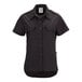 A women's black short sleeve work shirt with button front and two chest pockets.
