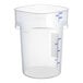 A large translucent round polypropylene food storage container with blue measurement markings.