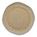 An irregular round porcelain flat plate with a gold and brown speckled design.