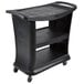 A black Rubbermaid Executive three-shelf bussing cart.