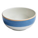 A round porcelain bowl with a blue and white two-tone design.
