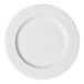 A white round porcelain plate with an embossed wide rim.