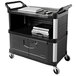 A black Rubbermaid equipment cart with lockable doors and a shelf.