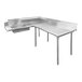 A stainless steel L-shape dishtable with a counter top and a sink on the right side.