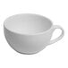 A white porcelain cappuccino cup with a handle.