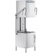 A tall, stainless steel, commercial door-style dishwasher with a booster heater and control panel at the top.