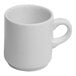 A white stackable embossed porcelain espresso cup with a handle.
