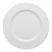 A white round porcelain plate with an embossed wide rim.