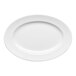 An oval white porcelain platter with an embossed wide rim.