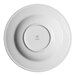 A white round wide rim deep porcelain plate viewed from the bottom.