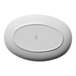 An oval white porcelain plate with a smooth surface and subtle blue branding in the center.