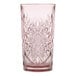 A pink, intricately patterned 16 oz. cooler glass.