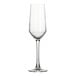 A clear 8 oz. diamond-shaped flute glass with a long stem.