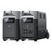 A pair of EcoFlow DELTA Pro portable power stations with lithium-ion batteries, featuring digital displays and multiple power outlets.