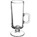 An 8 oz. clear glass Irish coffee mug with a handle and a pedestal base.