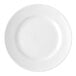 A round white porcelain plate with a slightly raised rim and subtle concentric ring design.
